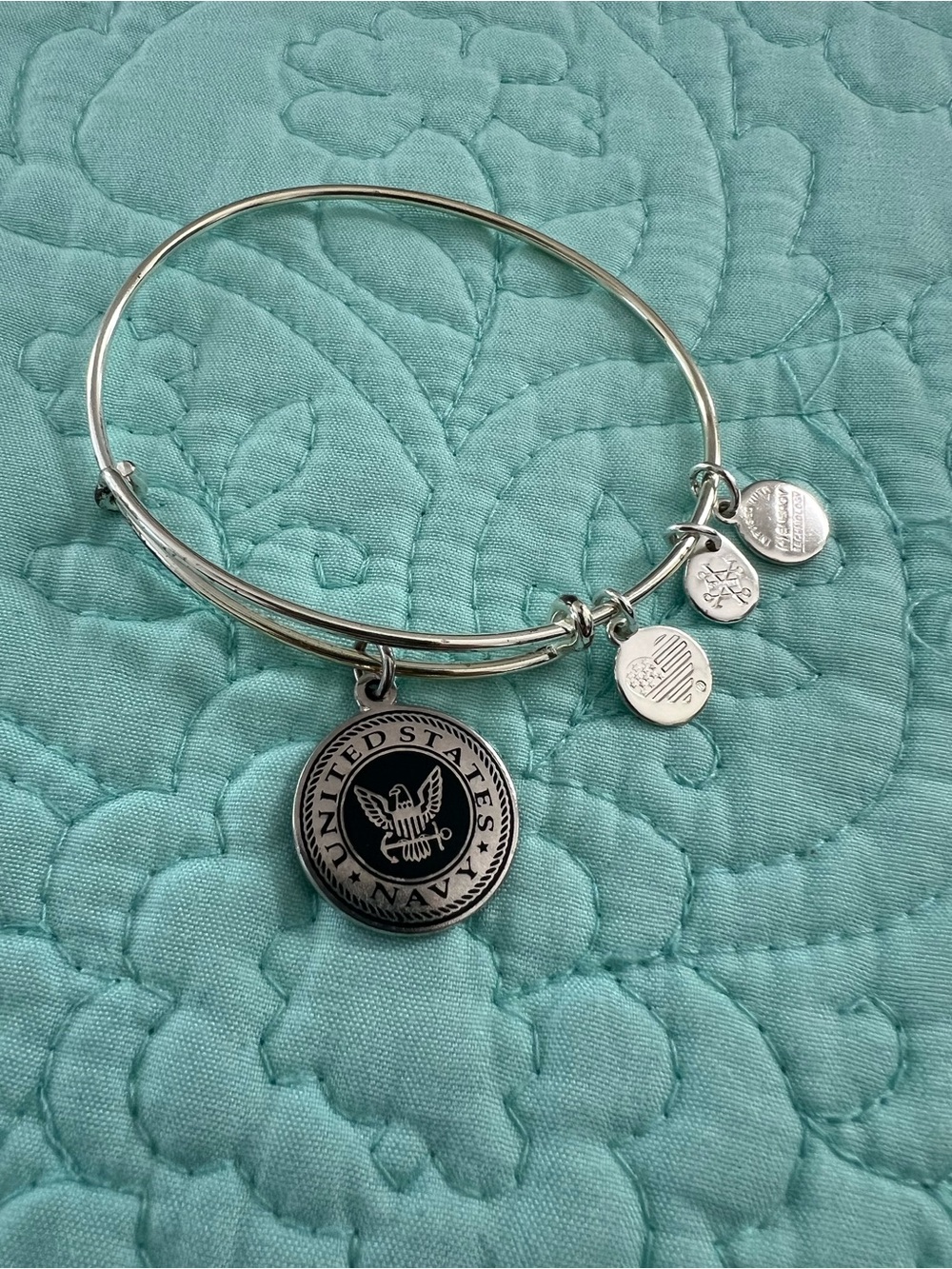 Alex and Ani Silver United States Navy Charm Bangle - Teal Blue